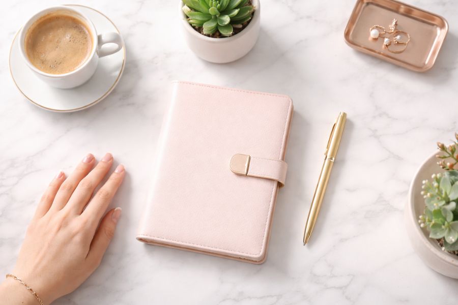 大理石の上に置かれた手帳とペンと女性の手元の俯瞰写真