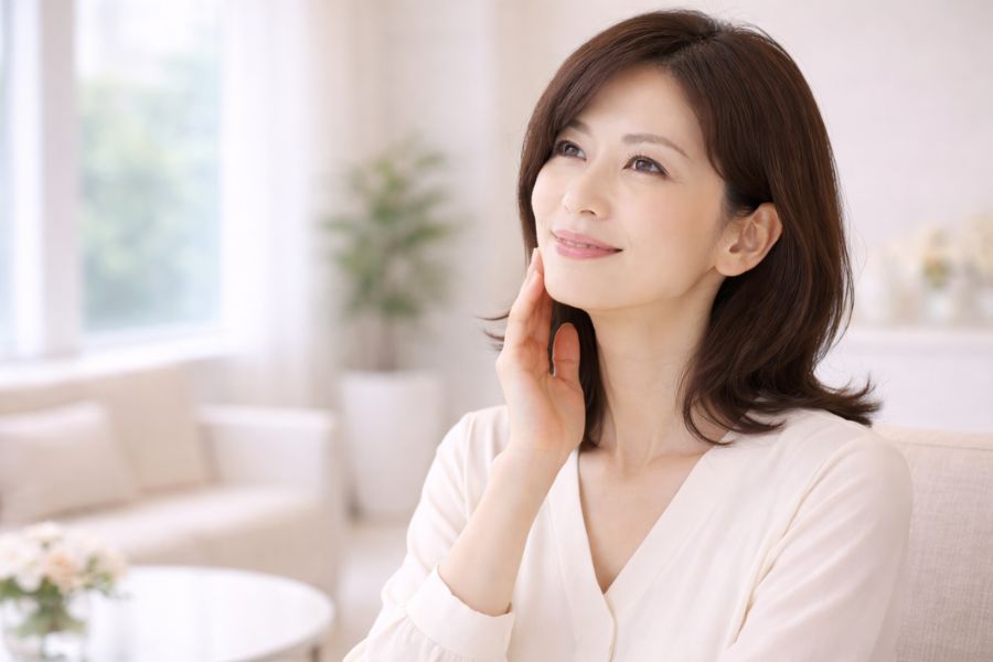 美容クリニックの相談室で顎のラインに手を当てる40代日本人女性