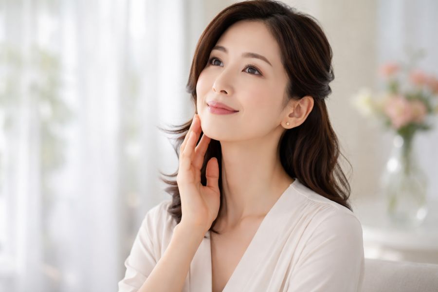 フェイスラインに手を添える40代女性
