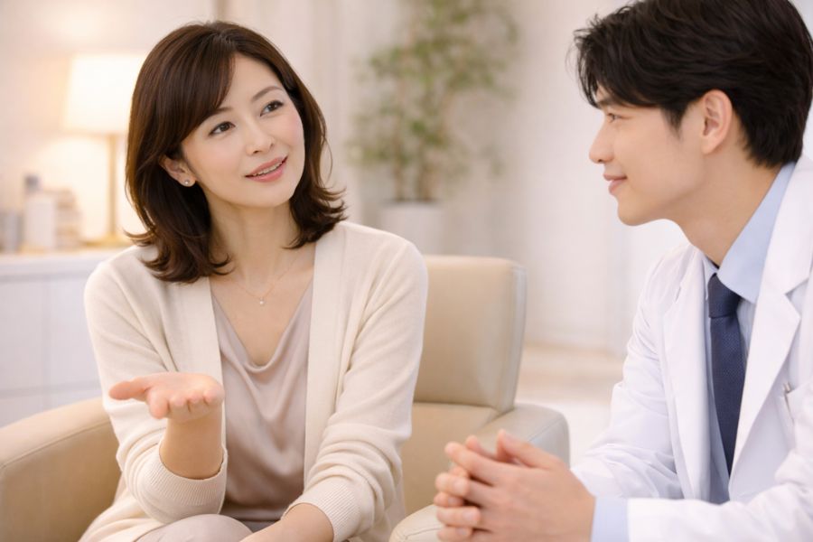 カウンセリングで医師に質問をしている日本人女性