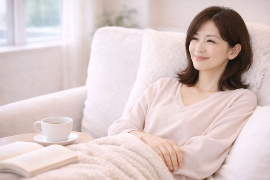 自宅のソファでリラックスしながら穏やかに微笑む日本人女性