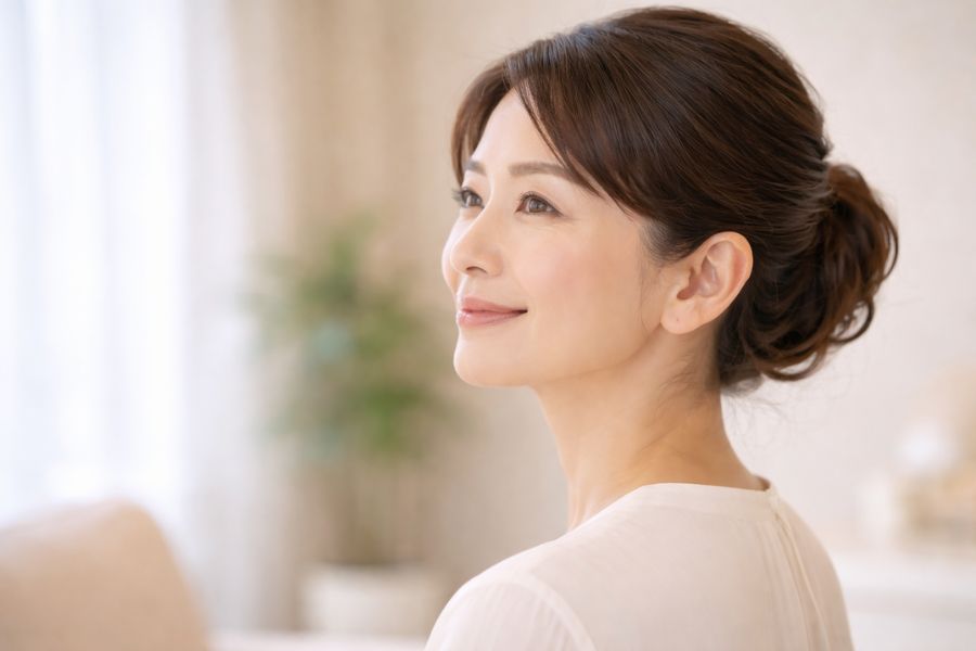 自然光の中で横顔を見せる50代女性