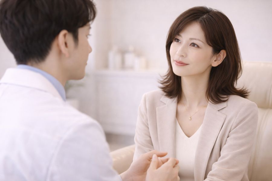 落ち着いた雰囲気の中で男性医師と真剣に話し合う日本人女性