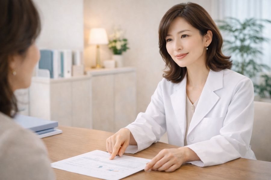 デスクで丁寧に説明する女性医師