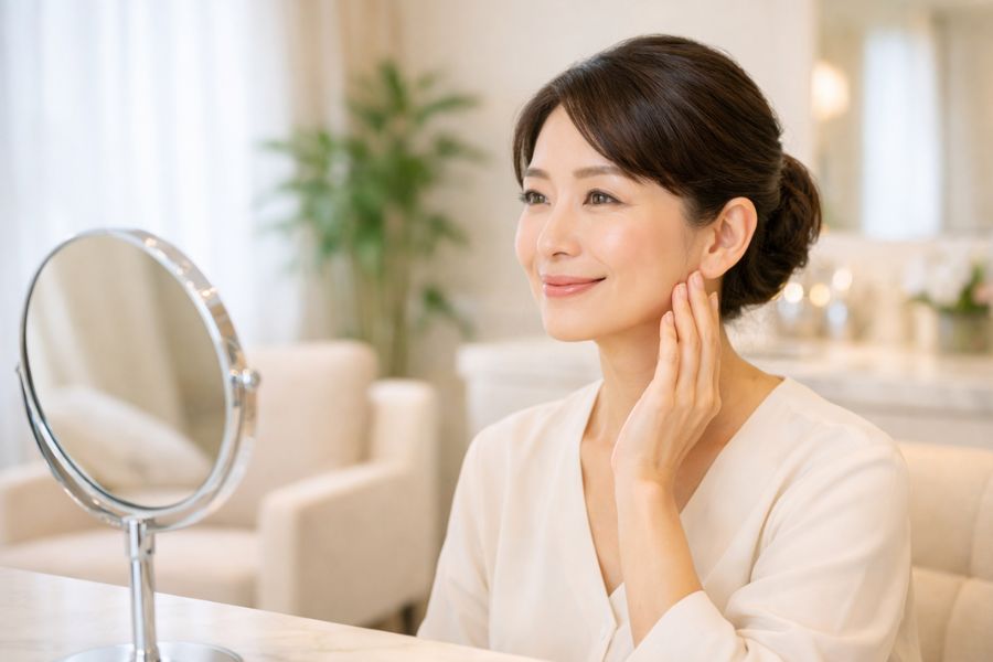 美容クリニックで鏡を見ながらフェイスラインを確認する40代女性