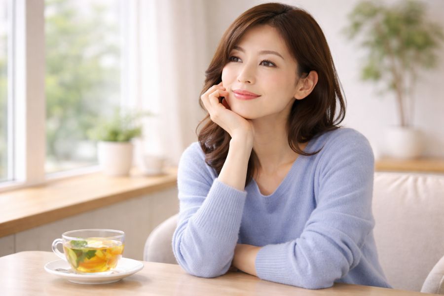 明るい空間で考える表情の女性