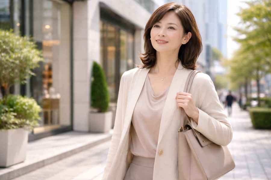 都市部を自信を持って歩く40代前半の日本人女性
