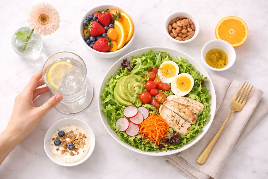 新鮮な野菜とフルーツが並んだ朝食と水を取る手元