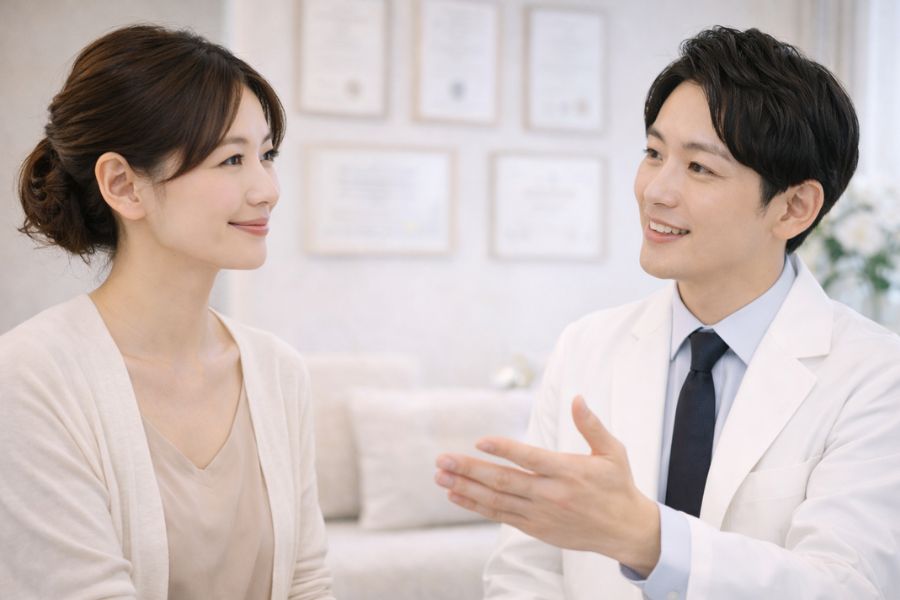 美容クリニックで医師のカウンセリングを受ける女性