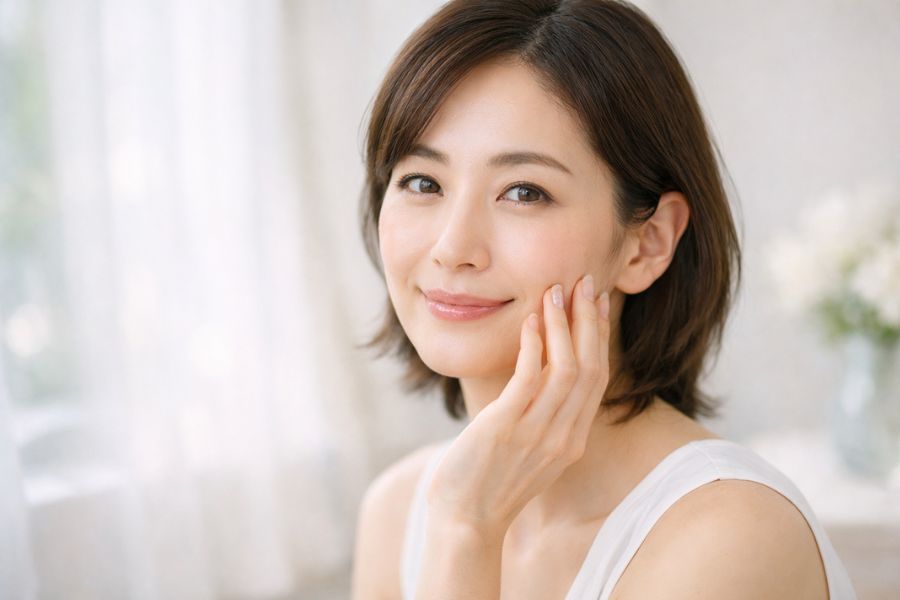 ほうれい線とマリオネットラインの違いを確認する30代女性