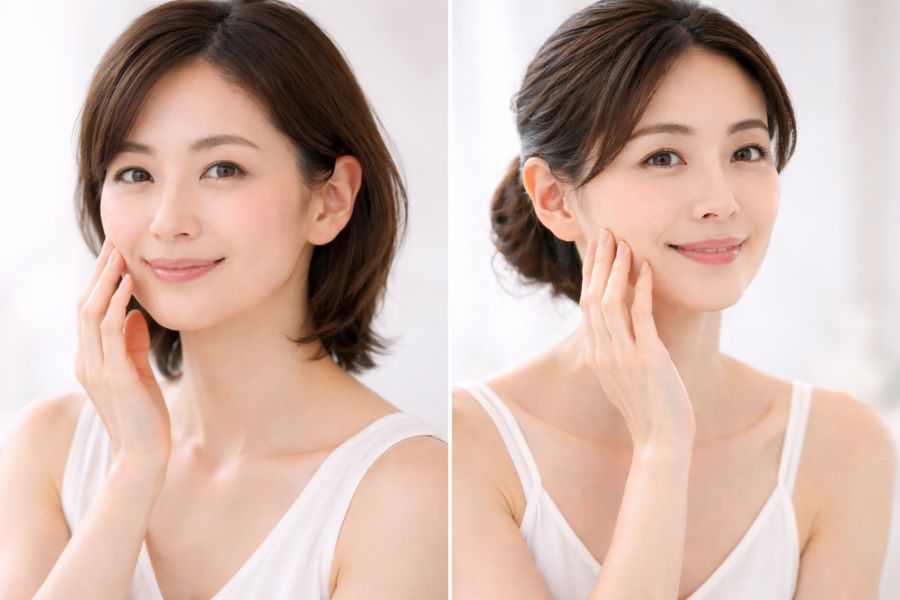 ほうれい線とマリオネットラインの位置の違いを示す女性2人