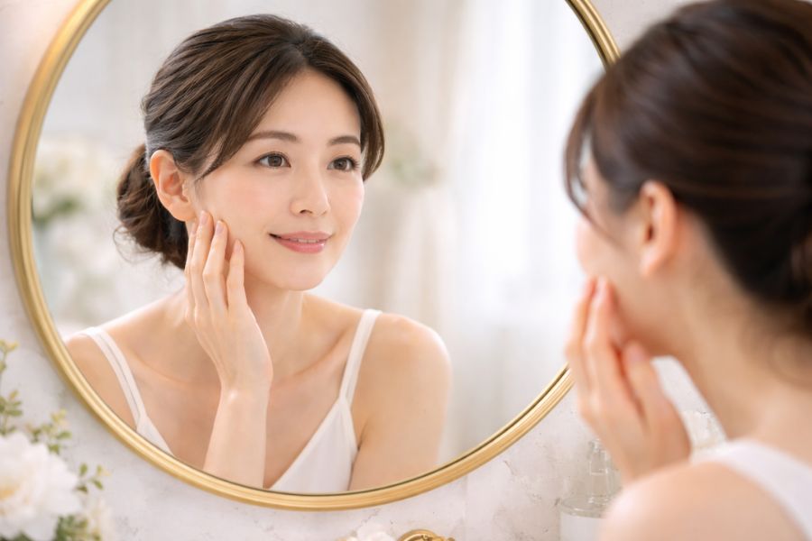 鏡で口元のラインをチェックする30代女性