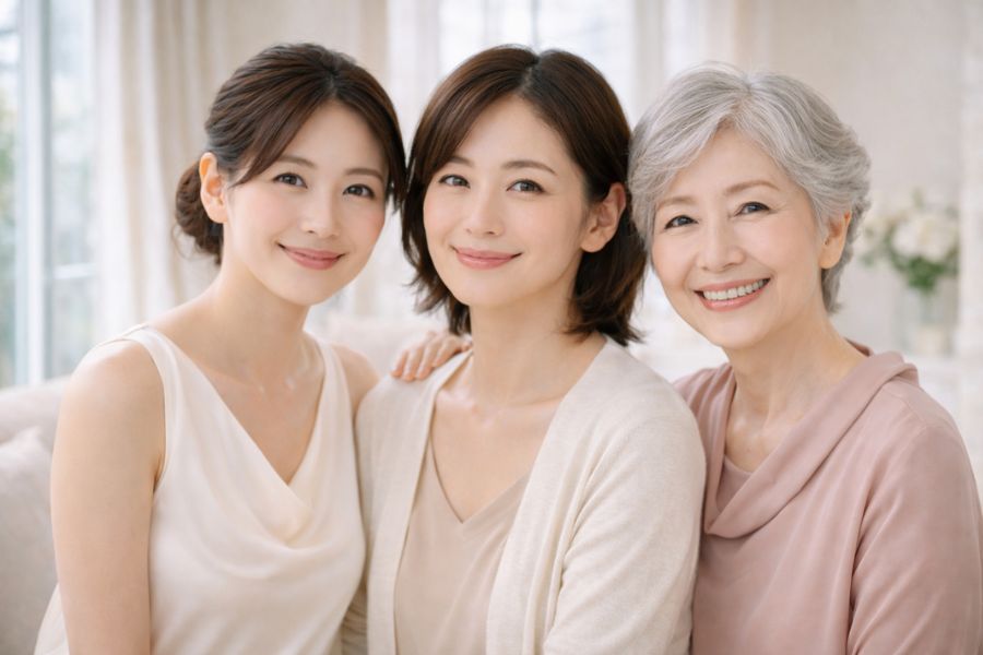 3世代の日本人女性が笑顔で並ぶ様子