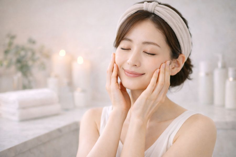 フェイシャルマッサージでセルフケアをする女性