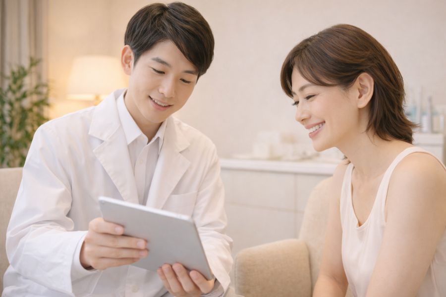 ヒアルロン酸注射の施術の流れを医師から説明を受ける女性患者