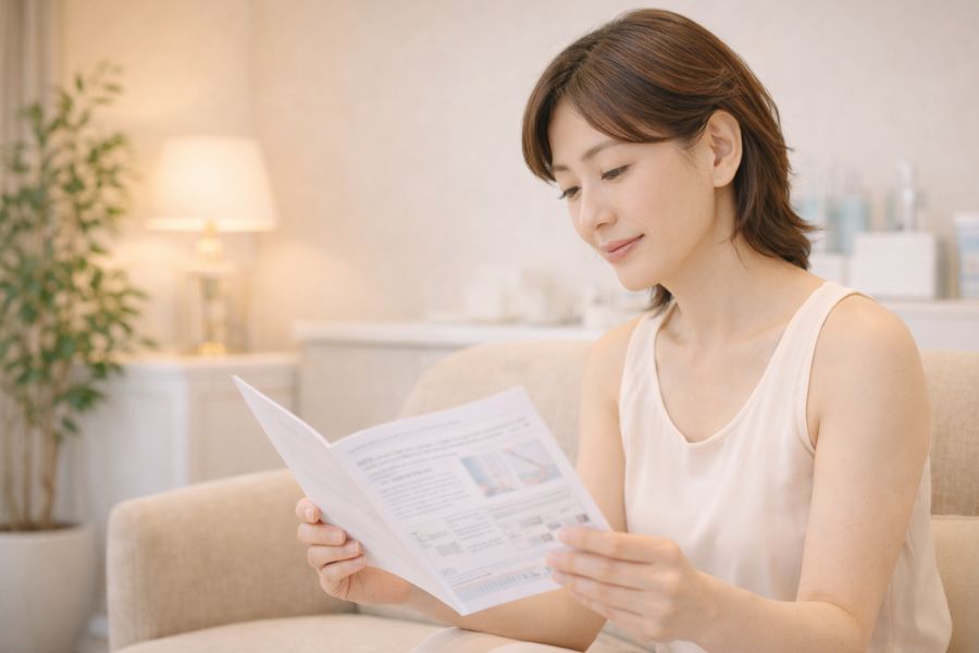 ヒアルロン酸注射のリスクや注意点について資料を読んで検討する女性