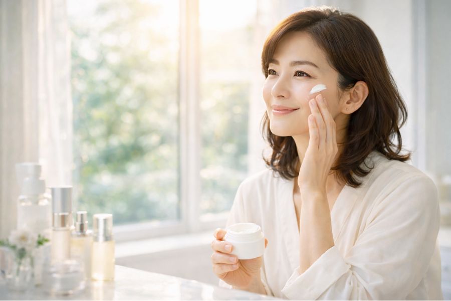 マリオネットラインの原因となる肌の老化を防ぐためスキンケアをする女性