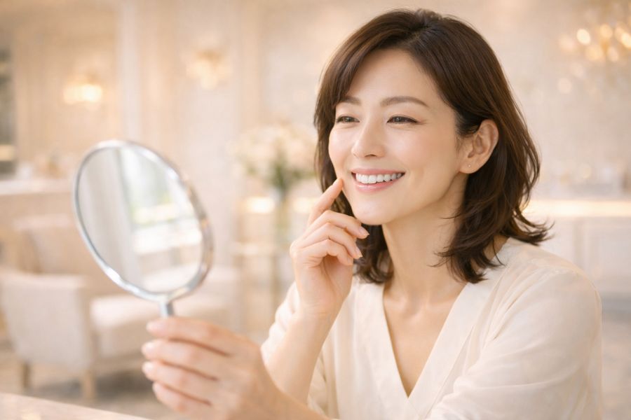 ヒアルロン酸注射後に手鏡で口元の効果を確認して満足する女性