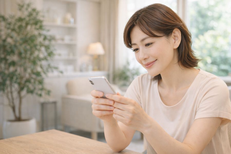 マリオネットラインとヒアルロン酸注射についてスマホで調べる女性