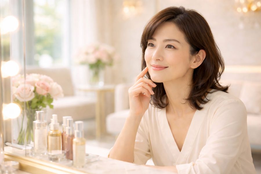 マリオネットラインの改善を検討する女性が美容クリニックで口元を確認している様子