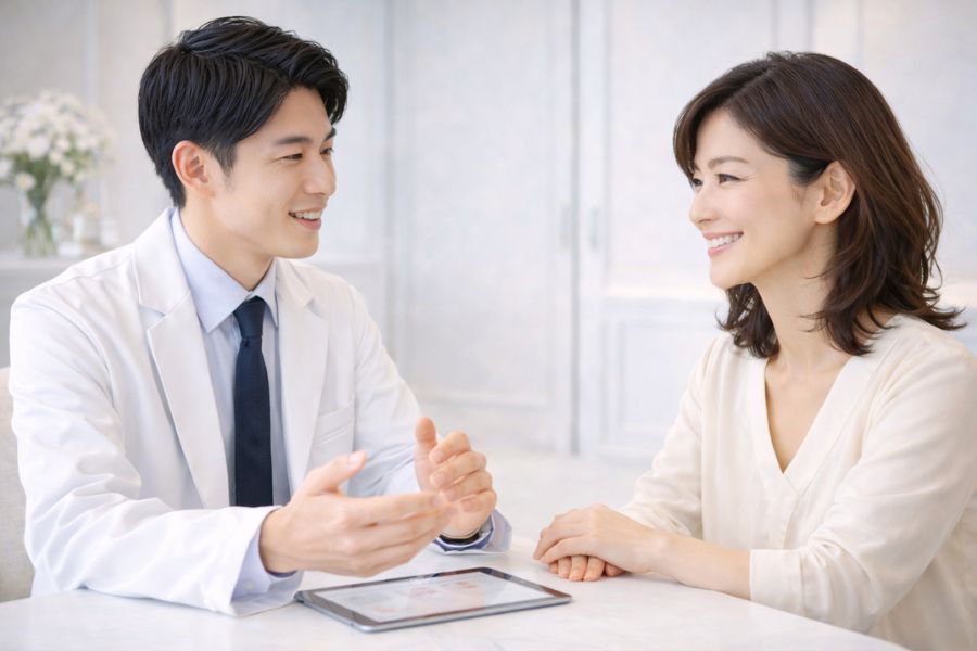 マリオネットライン治療の選択肢について医師と比較検討する女性