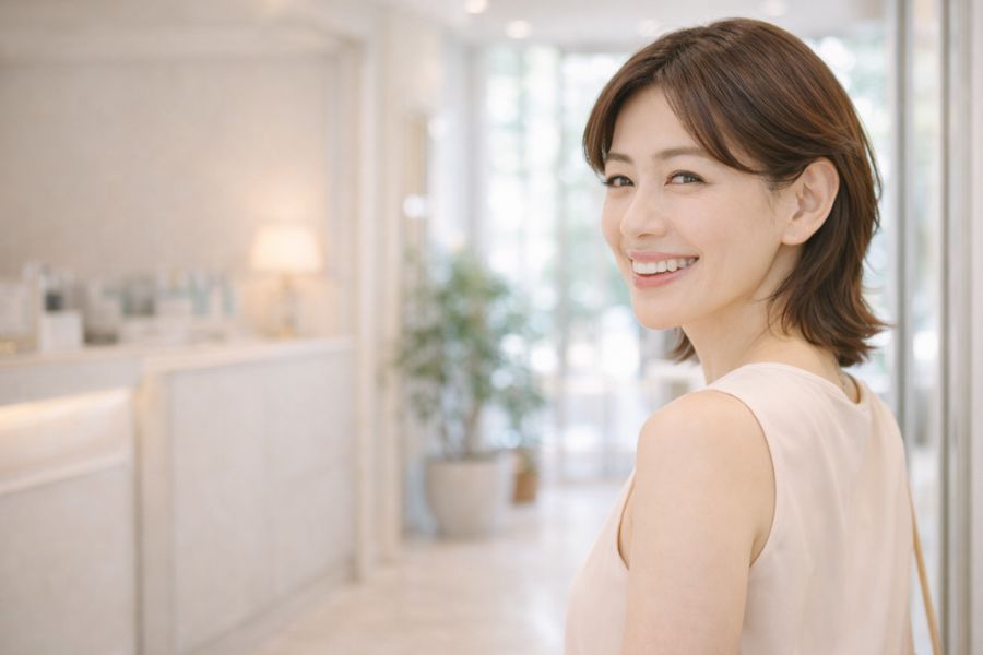 マリオネットライン治療を終えて満足した笑顔で振り返る女性