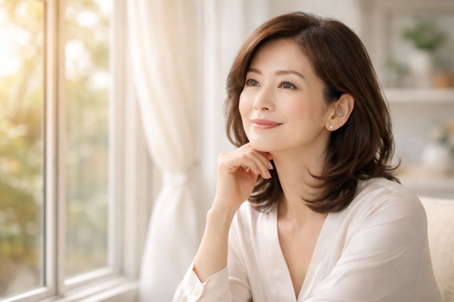 窓辺で穏やかに微笑む50代女性