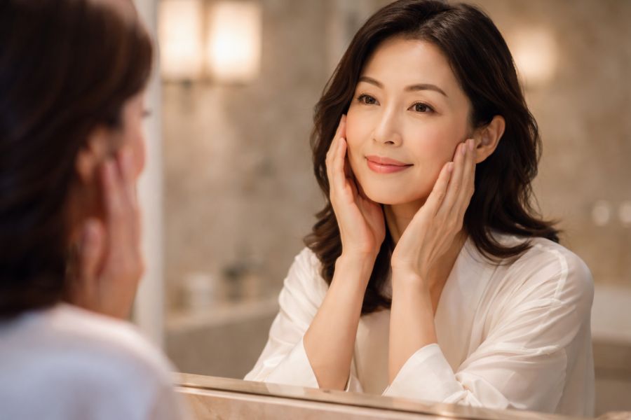 鏡を見ながら肌の状態を確認する40代日本人女性のセルフケア