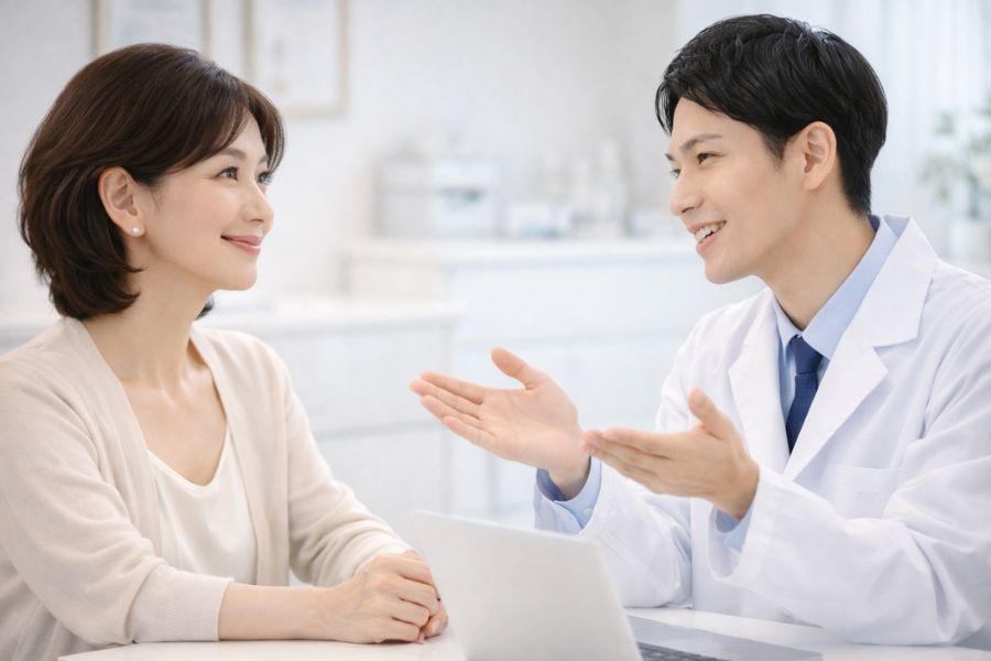 男性医師と患者が笑顔で相談している様子