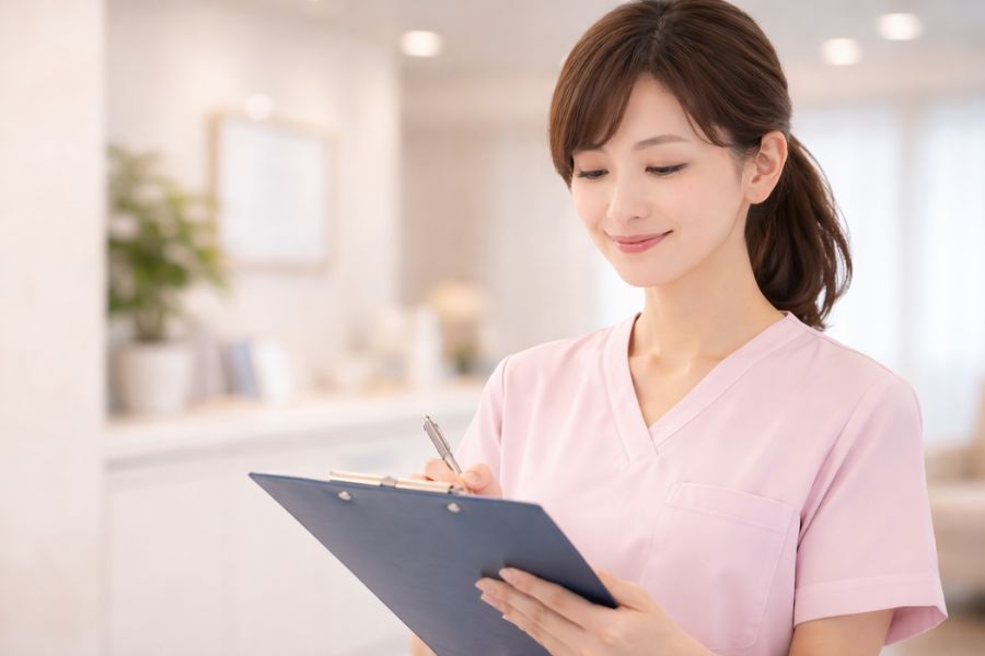 PRP療法の適応条件を確認する美容クリニックの医療コーディネーター