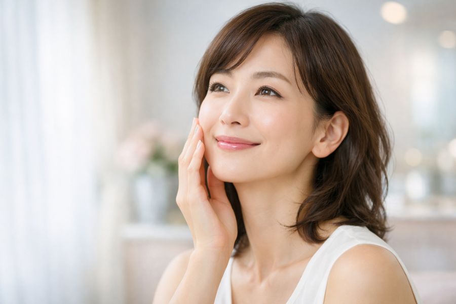 PRPほうれい線治療を検討する日本人女性が頬に手を当て希望に満ちた表情