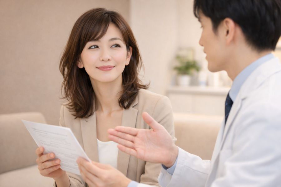 PRP療法のリスクについて医師と相談する日本人女性のカウンセリング