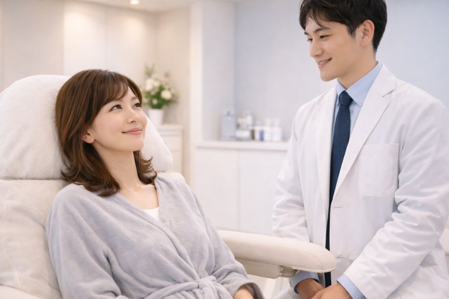 PRP施術を受けるためクリニックの施術室でリラックスする女性患者