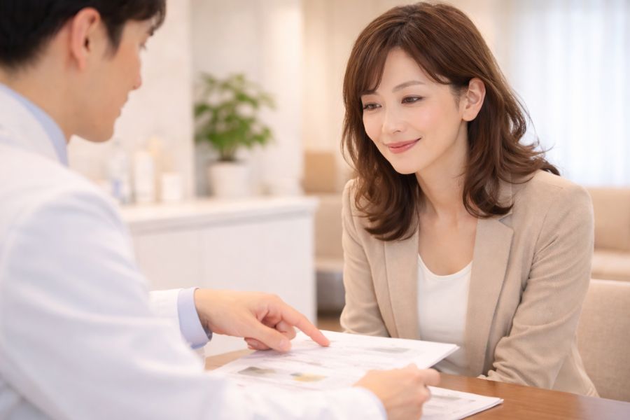 PRPとヒアルロン酸注射を比較検討する女性と医師のカウンセリング