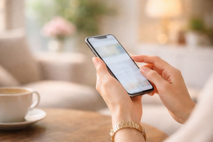 スマートフォンを持つ日本人女性の手元のクローズアップ