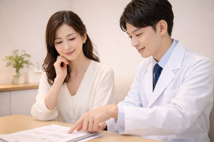 資料を見ながら説明する男性医師と相談する女性患者