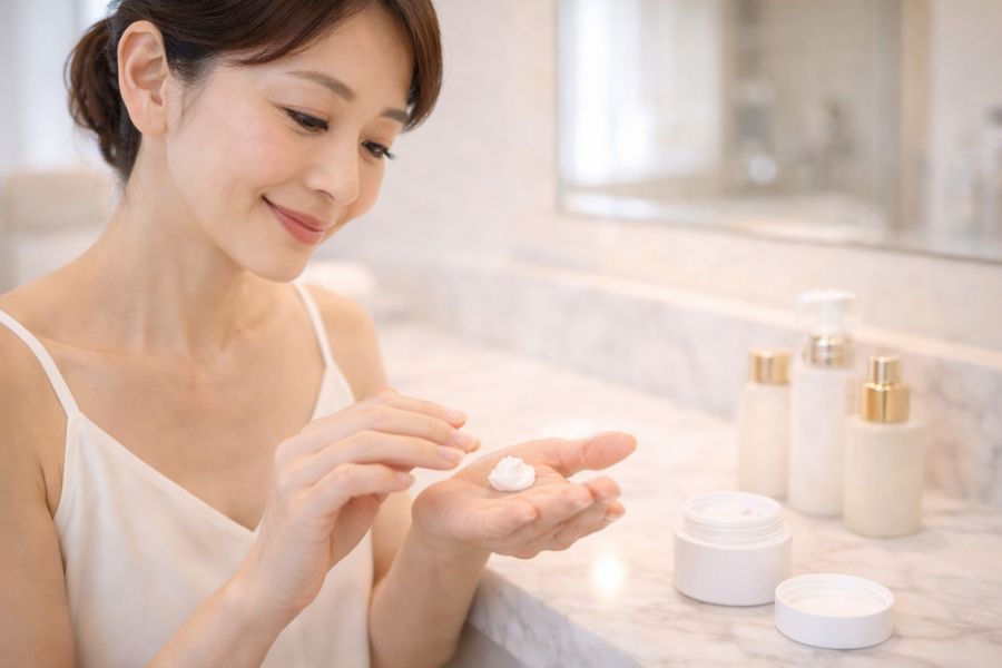 洗面台でスキンケアをする女性の手元