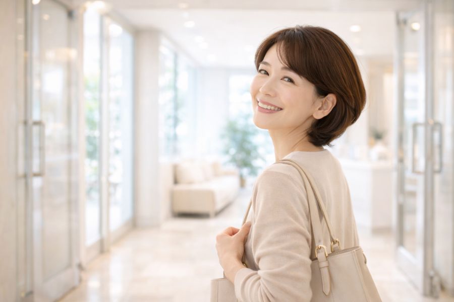 クリニック出口で振り返り笑顔を見せる女性