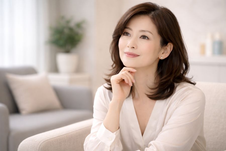 椅子に座り検討している様子の女性