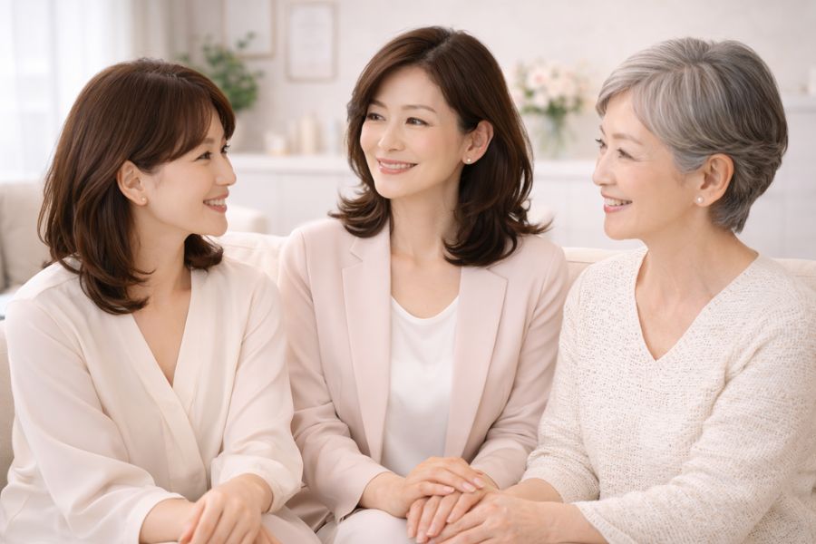 クリニックのラウンジで談笑する3人の女性