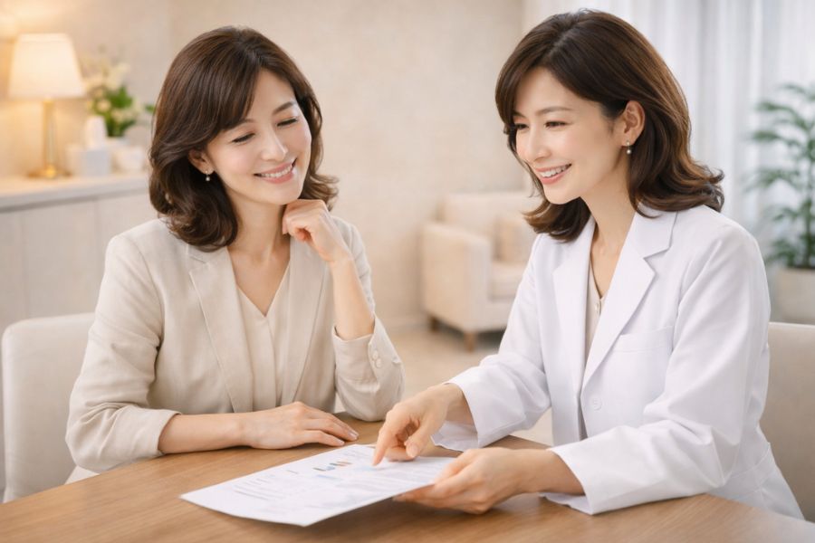 カウンセリングルームで医師と相談する女性