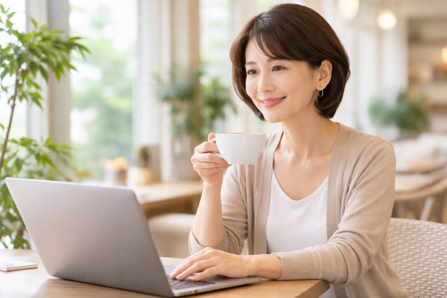 カフェ風スペースでパソコンを見る女性