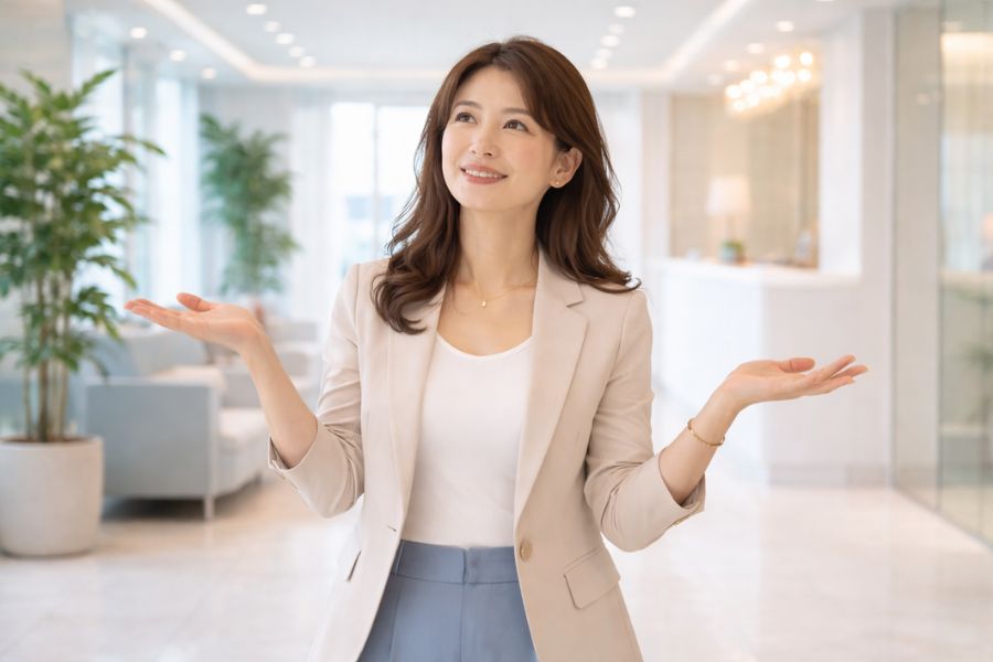 クリニックロビーで前向きな表情の30代女性