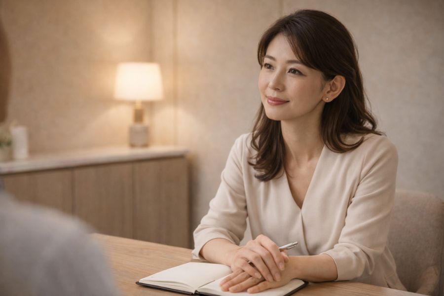 相談室でメモを取りながら話を聞く40代女性