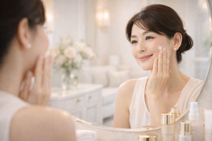鏡を見ながら顔にスキンケアクリームを塗る女性