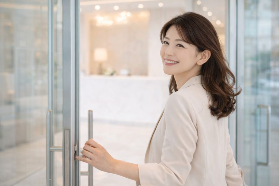 クリニック出口で振り返り笑顔を見せる40代女性