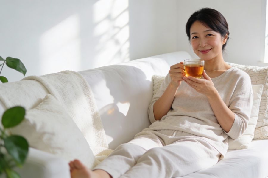 自宅のソファでお茶を飲みながらくつろぐ女性