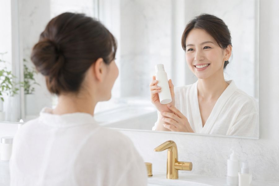 洗面台でスキンケアをする30代女性の笑顔