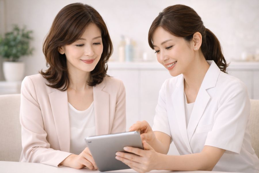 タブレットを見ながらスタッフと話す女性