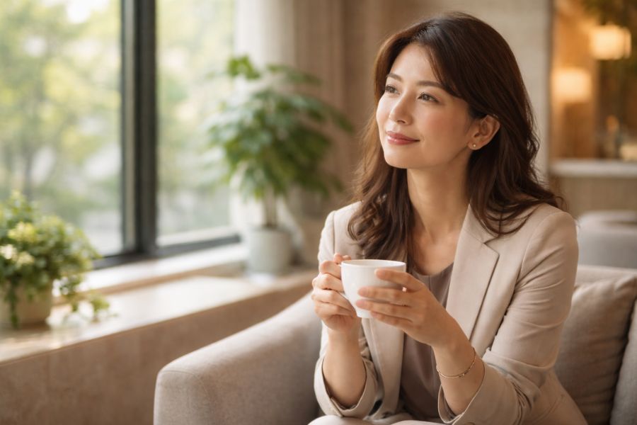 クリニックのラウンジで窓の外を眺める40代女性